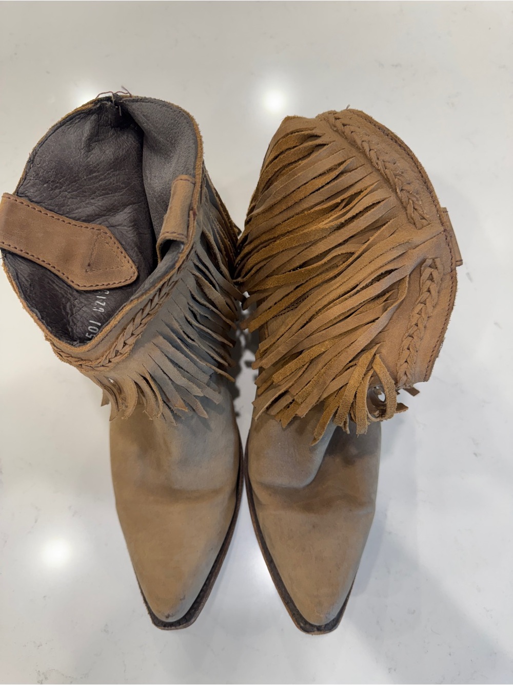 Vintage Tan Suede Fringe Western Cowboy Ankle Boots Boho - Picture 5 of 7
